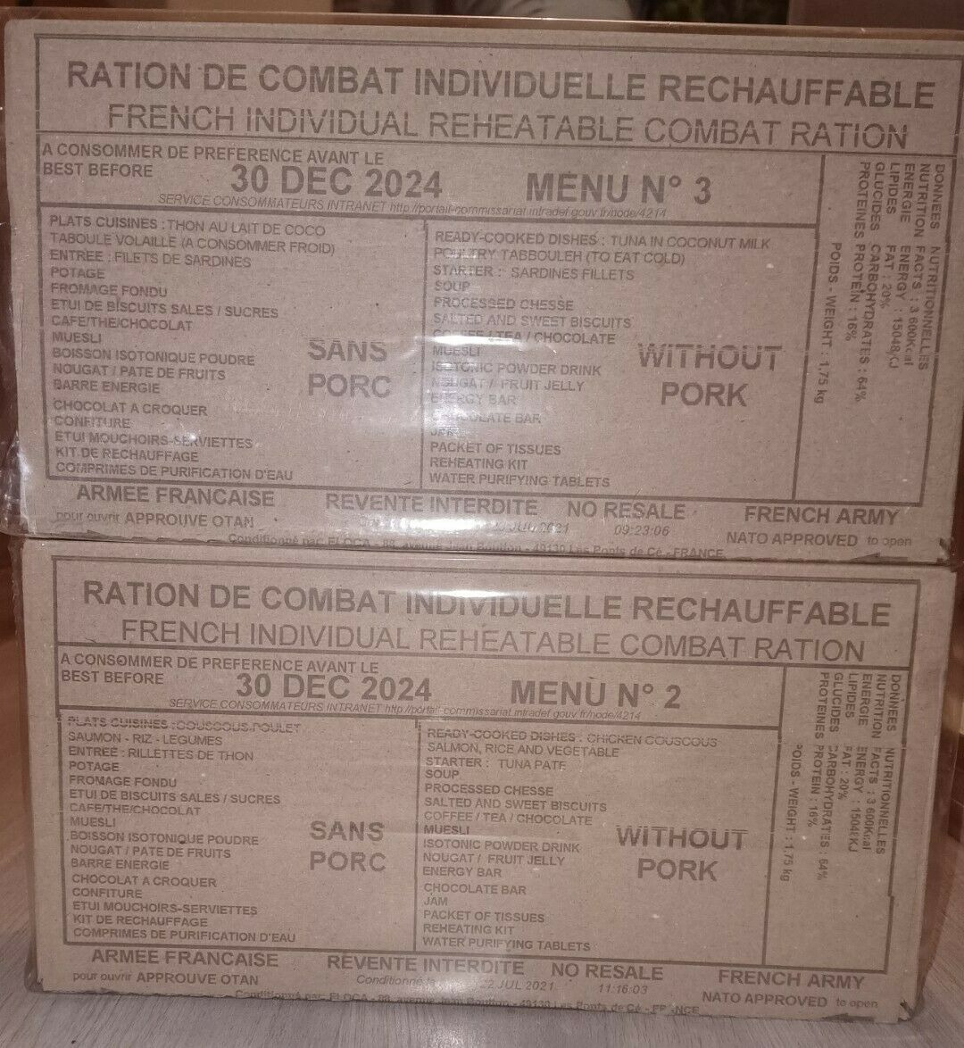 MENU N° 8 - Ration Combat Militaire Armee Francaise – Rcir * Neuf